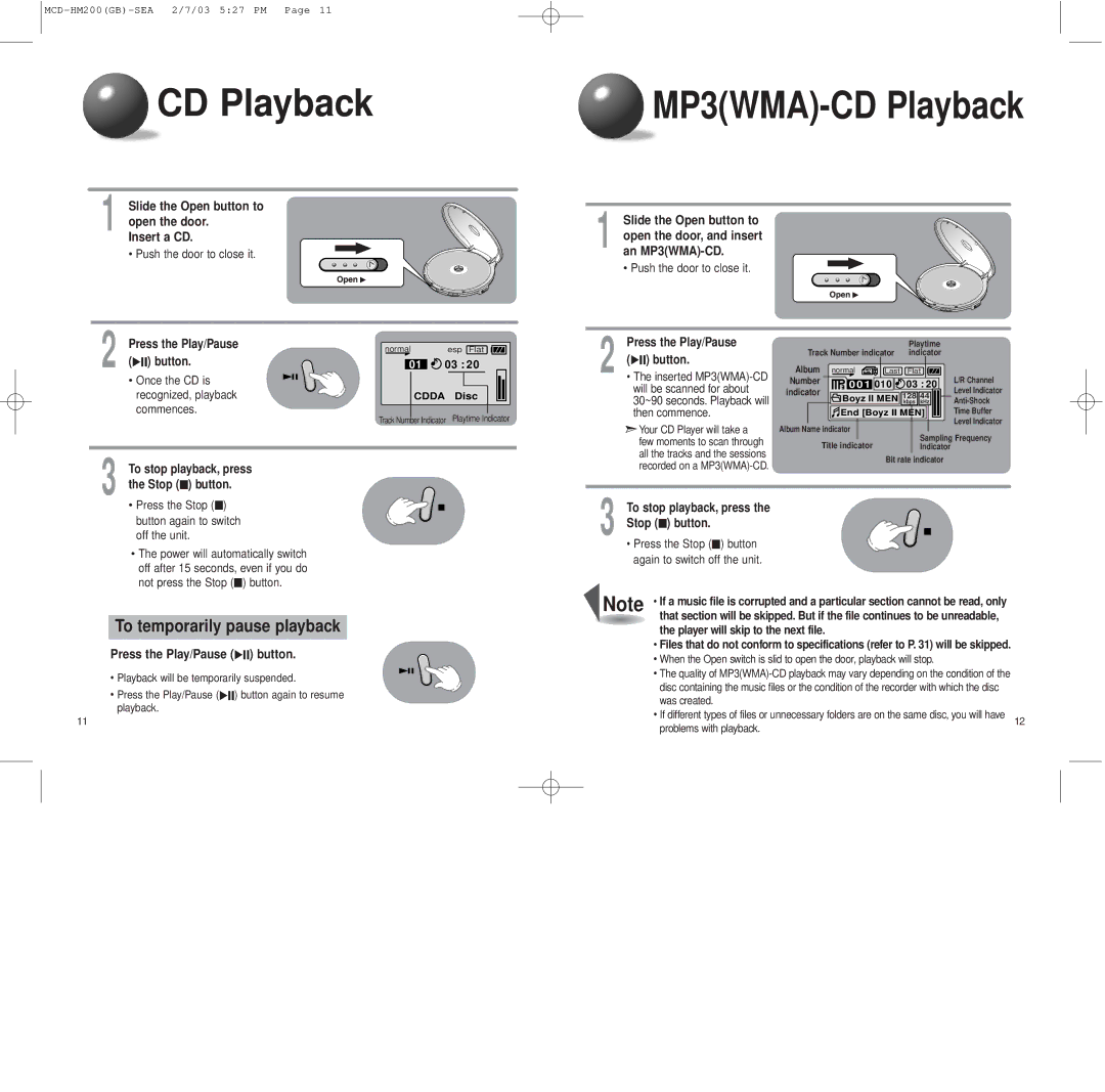 Samsung MCD-HM200 instruction manual CD Playback, To temporarily pause playback 