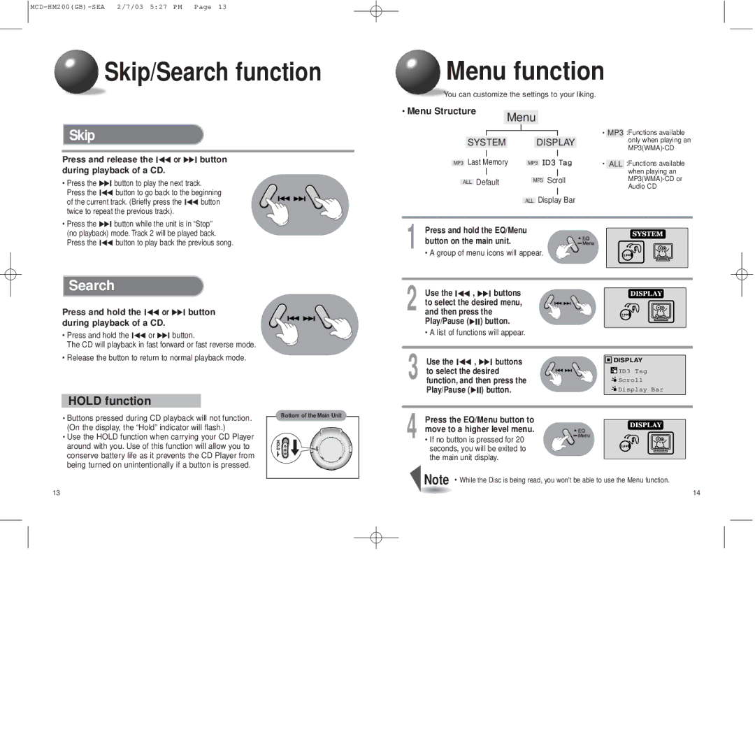 Samsung MCD-HM200 instruction manual Menu function, Skip, Press and release the I or I button during playback of a CD 