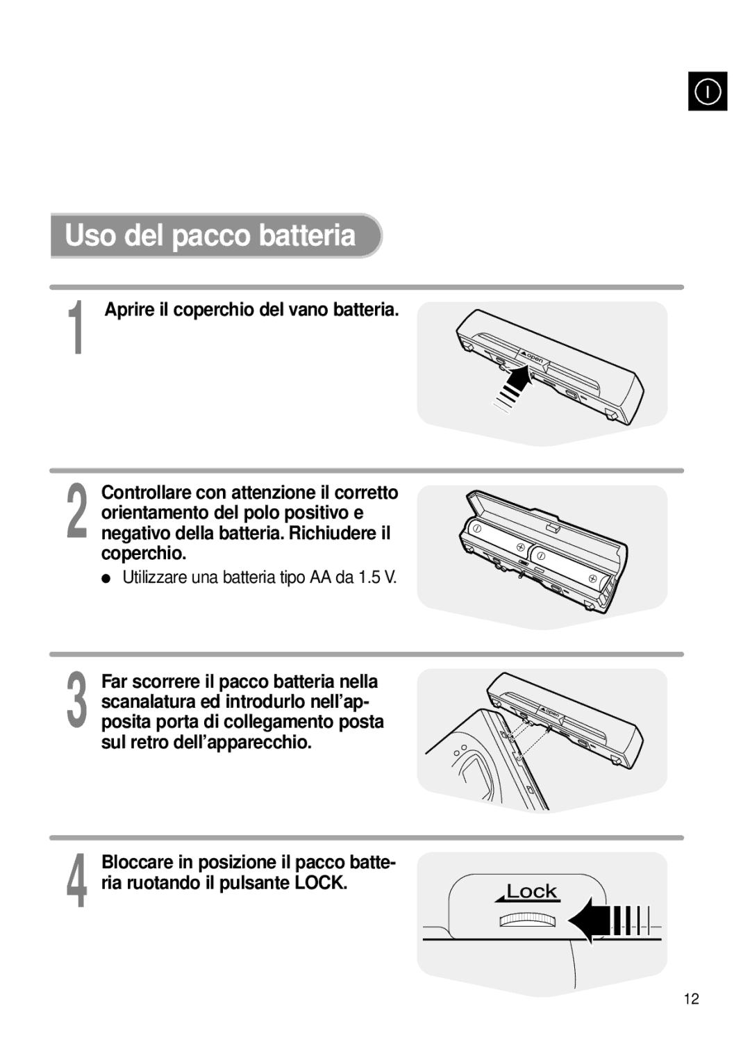 Samsung MCD-MP65 manual Uso del pacco batteria, Utilizzare una batteria tipo AA da 1.5 