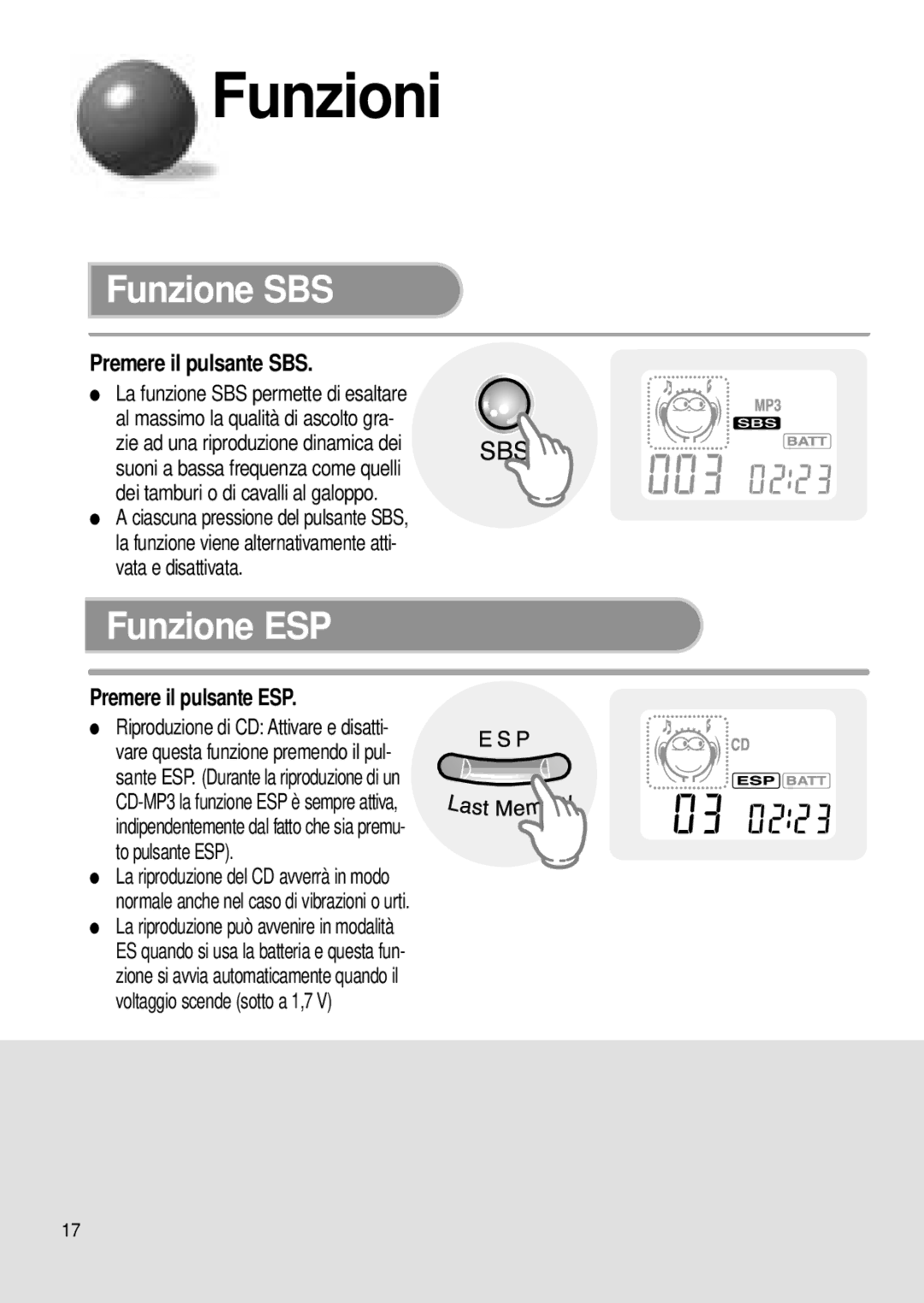 Samsung MCD-MP65 manual Funzione SBS, Funzione ESP, Premere il pulsante SBS, Premere il pulsante ESP 