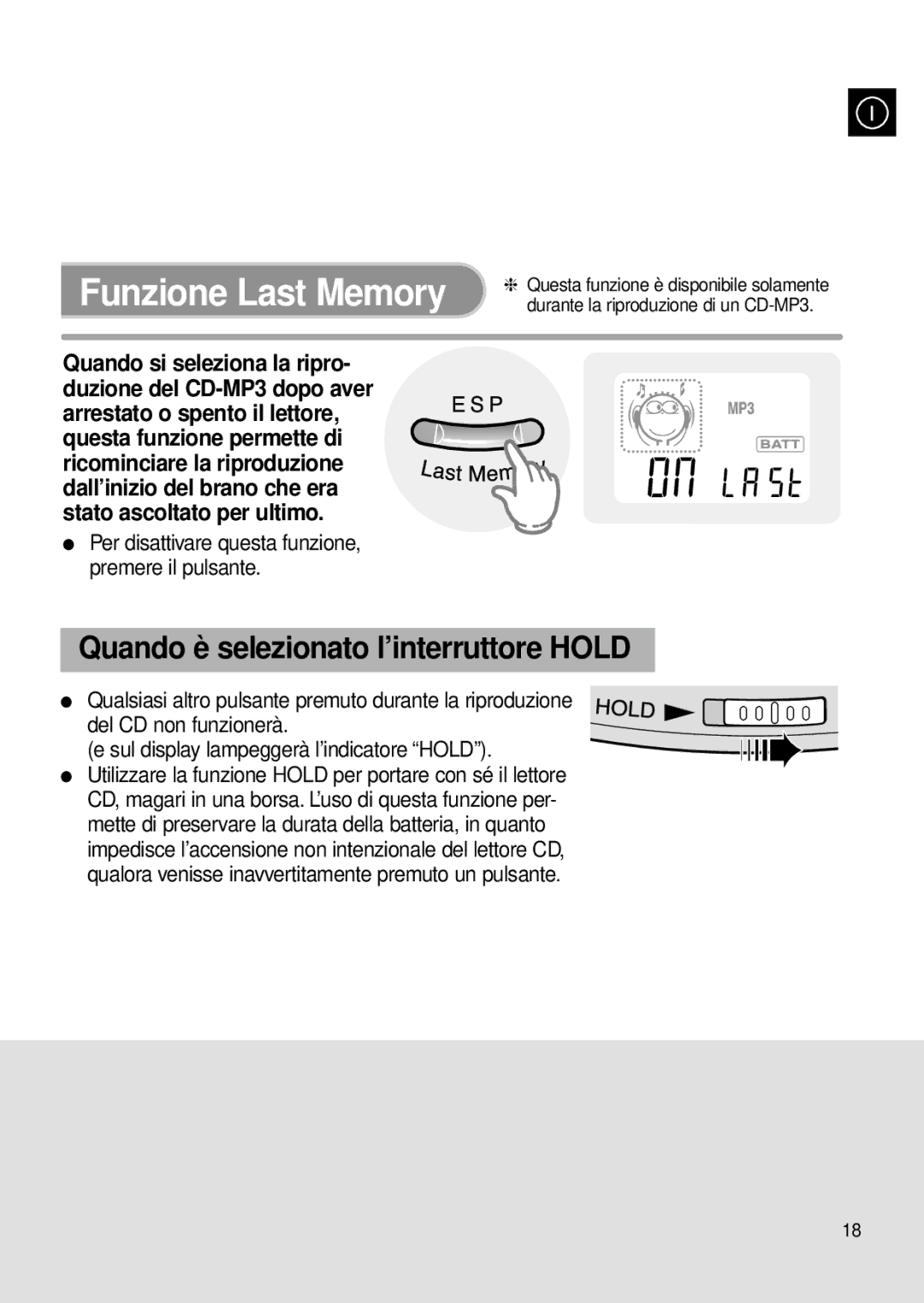 Samsung MCD-MP65 manual Quando è selezionato l’interruttore Hold 