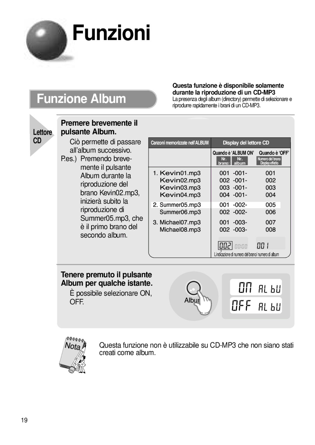 Samsung MCD-MP65 manual Funzione Album, Tenere premuto il pulsante Album per qualche istante 