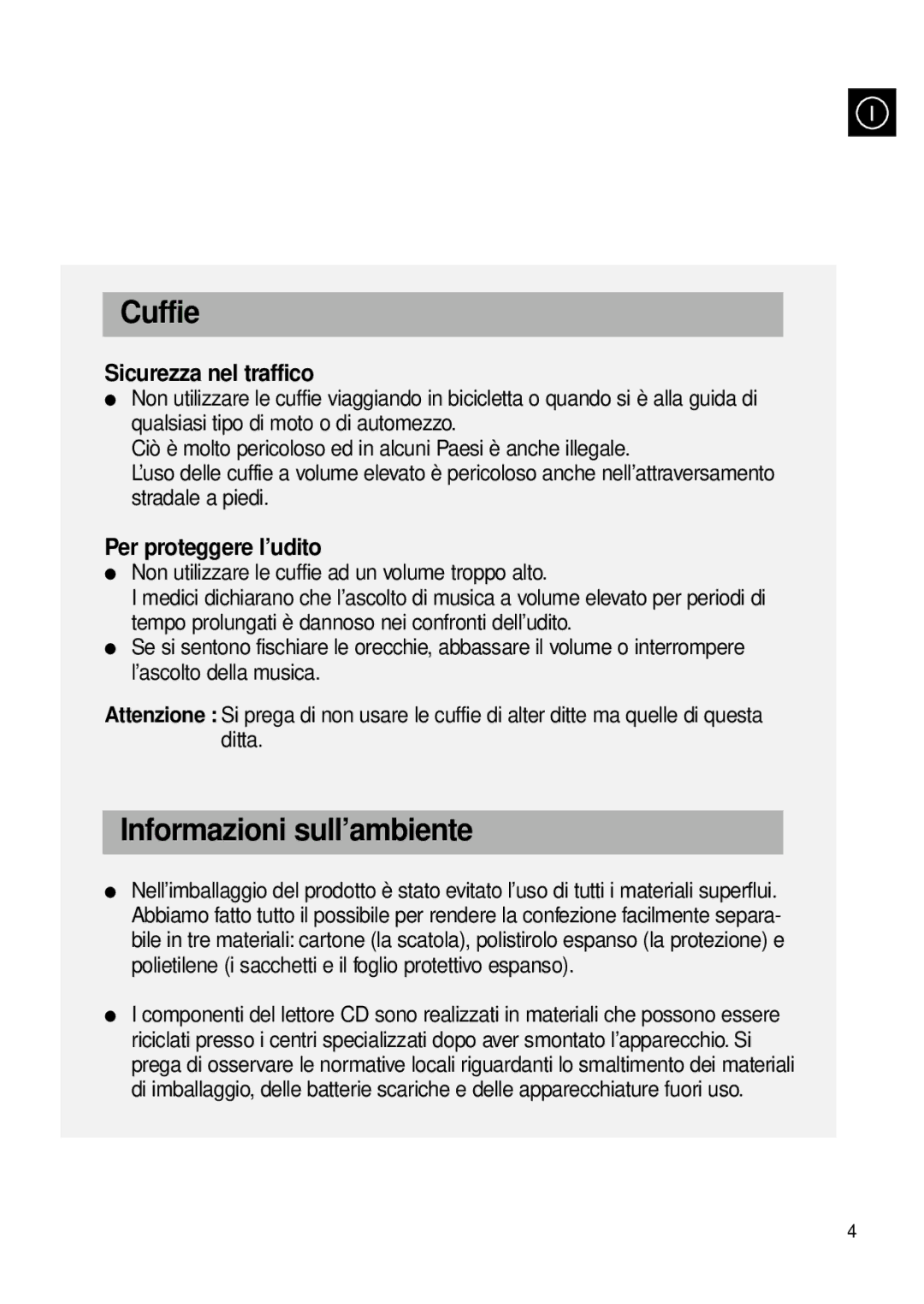 Samsung MCD-MP65 manual Cuffie, Informazioni sull’ambiente, Sicurezza nel traffico, Per proteggere l’udito 