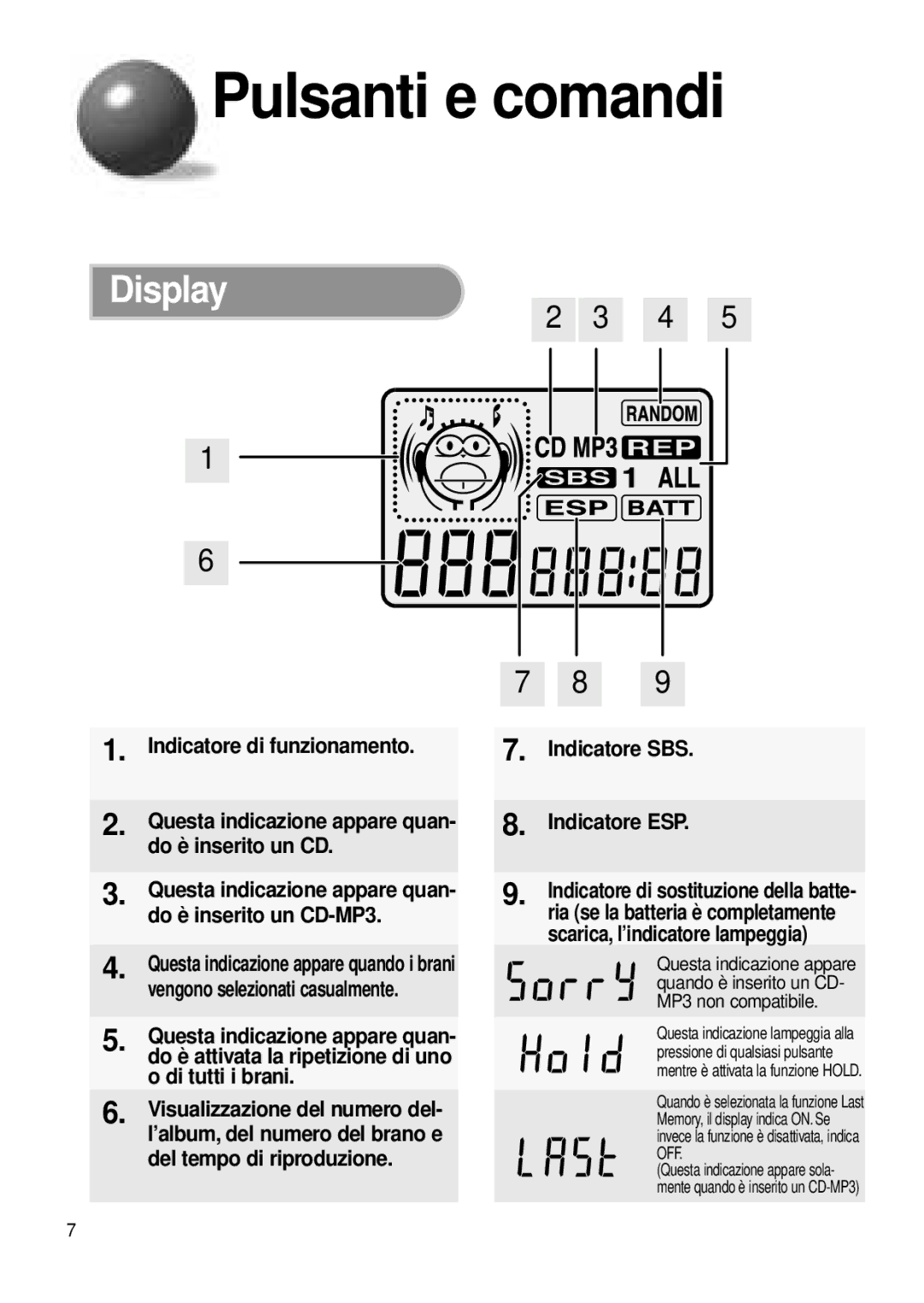 Samsung MCD-MP65 manual Display, Indicatore SBS Indicatore ESP 