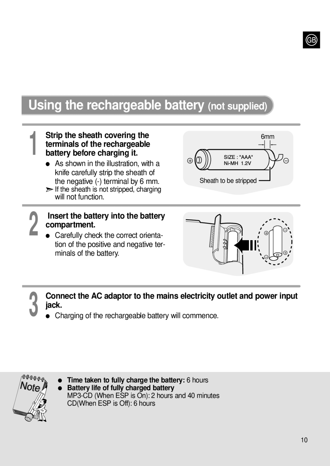 Samsung MCD-MP67 Using the rechargeable battery not supplied, Insert the battery into the battery, Compartment 