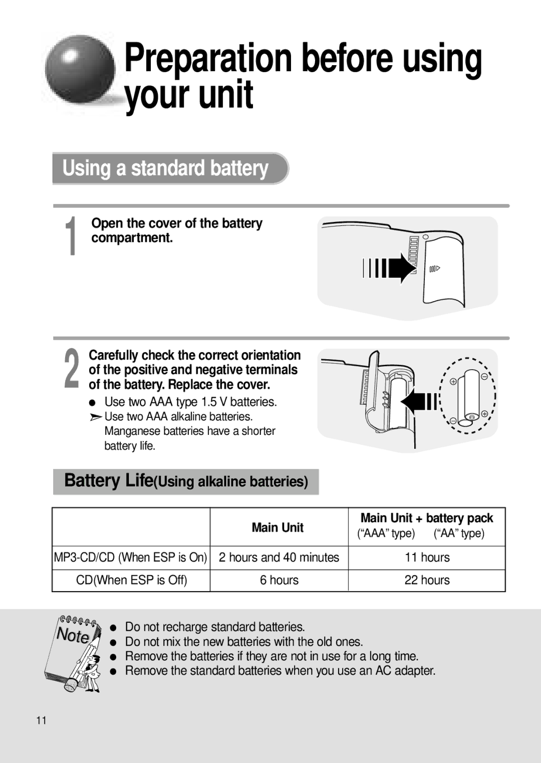 Samsung MCD-MP67 instruction manual Using a standard battery, Open the cover of the battery compartment 