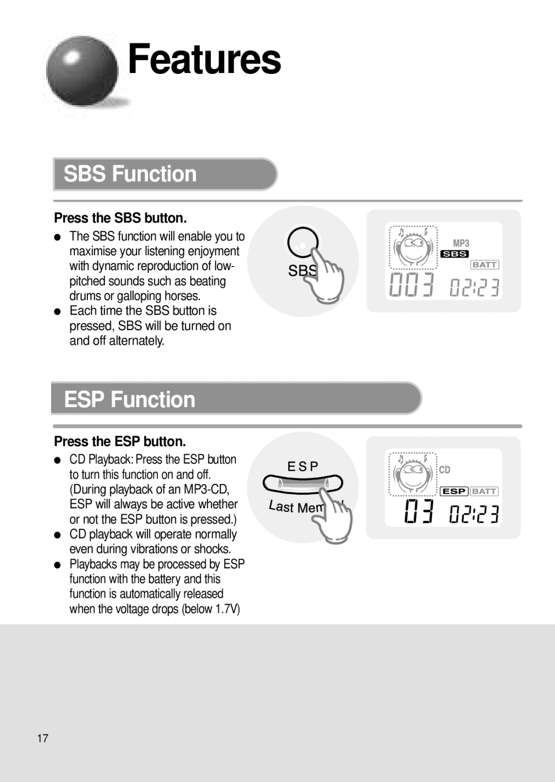 Samsung MCD-MP67 instruction manual SBS Function, ESP Function, Press the SBS button, Press the ESP button 