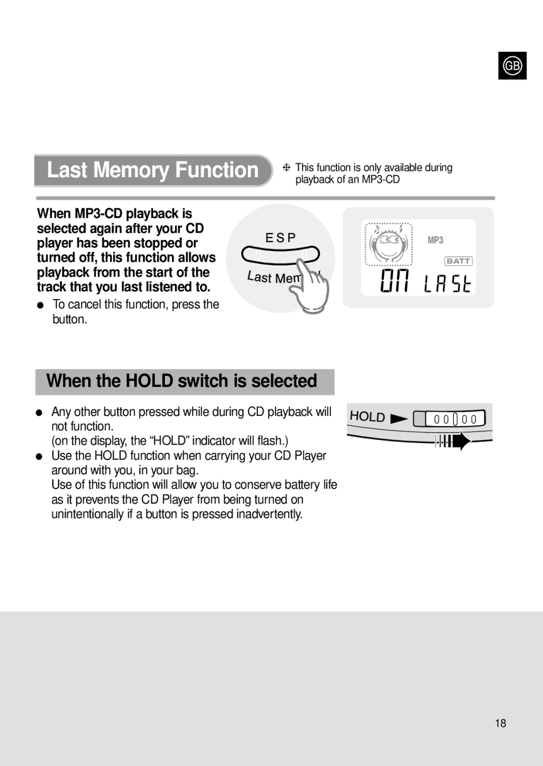 Samsung MCD-MP67 instruction manual Last Memory Function, When the Hold switch is selected 