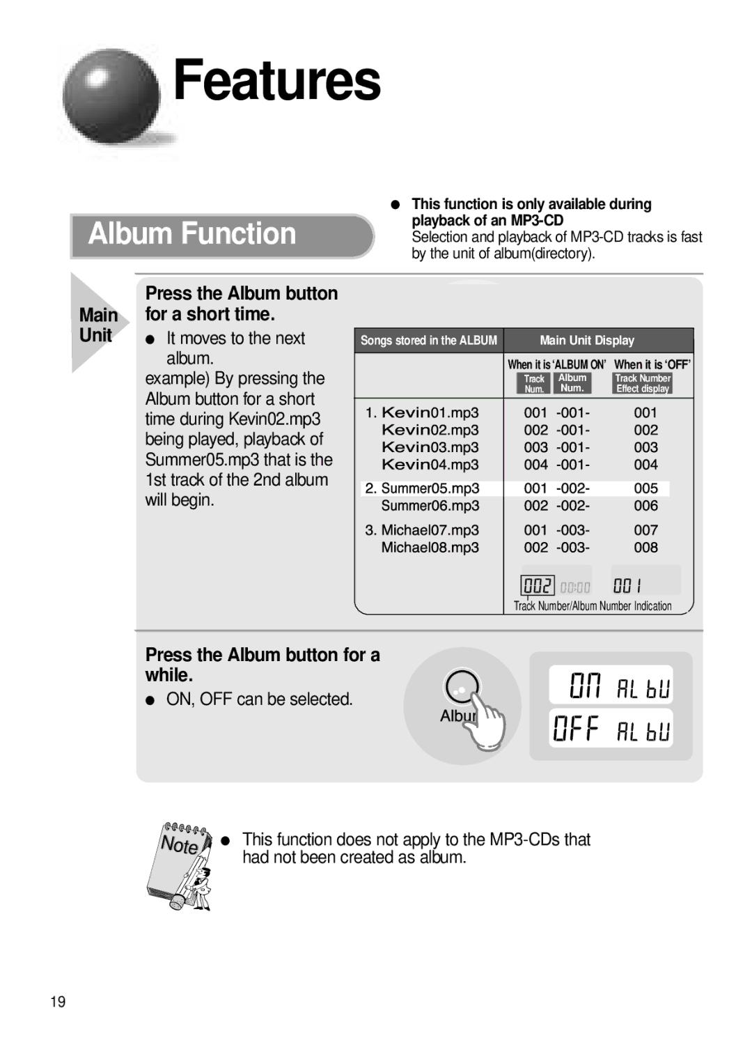 Samsung MCD-MP67 instruction manual Album Function, Press the Album button for a while 