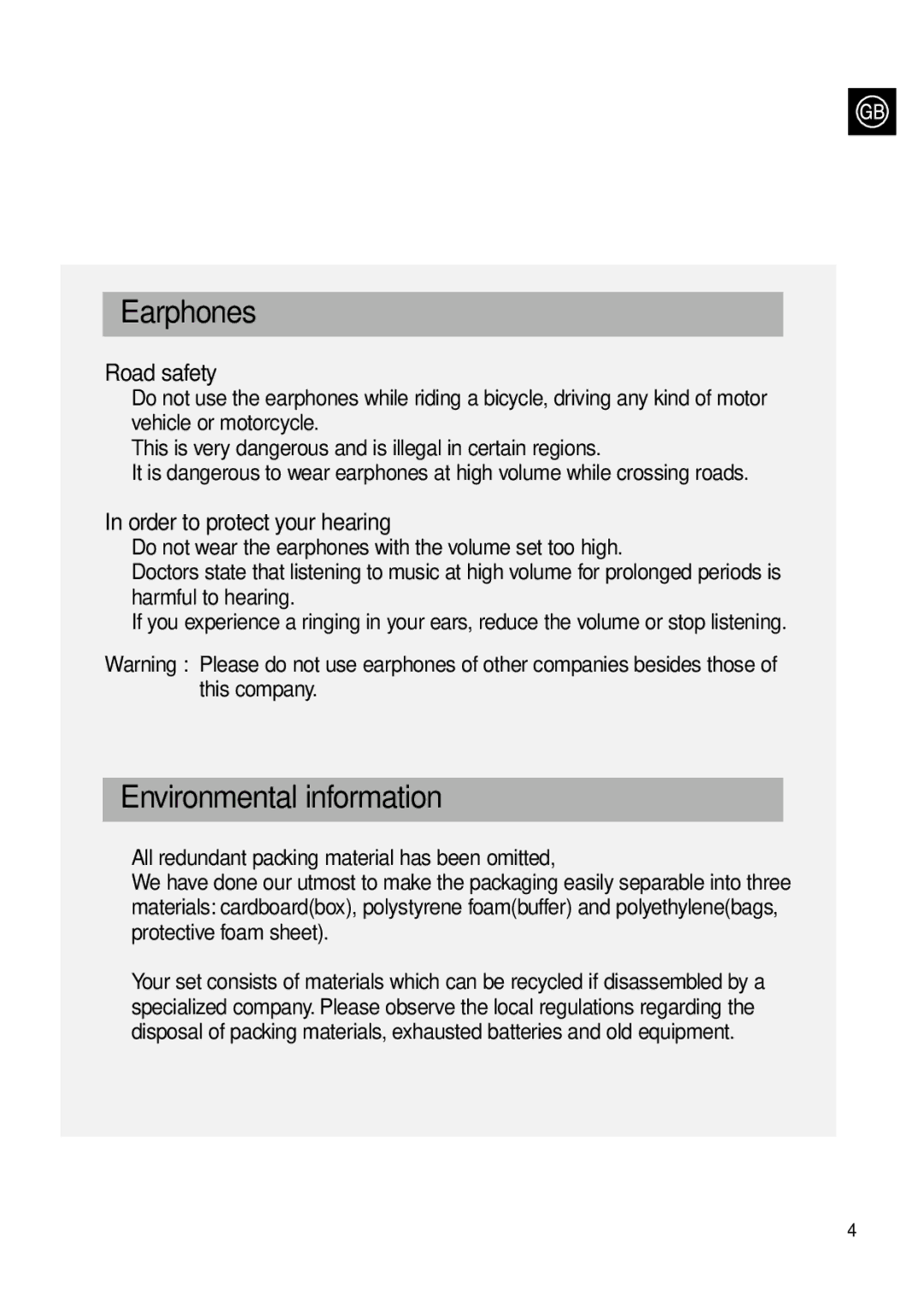 Samsung MCD-MP67 instruction manual Earphones, Environmental information, Road safety, Order to protect your hearing 