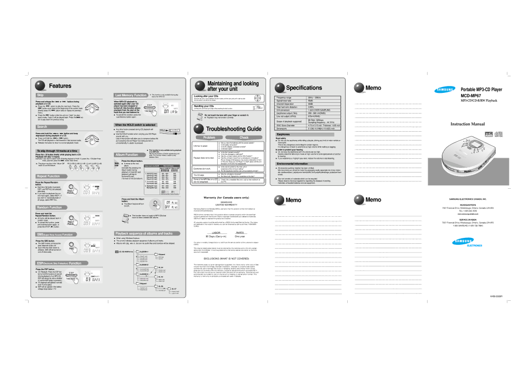 Samsung MCD-MP67 instruction manual Features, Specifications, Memo 