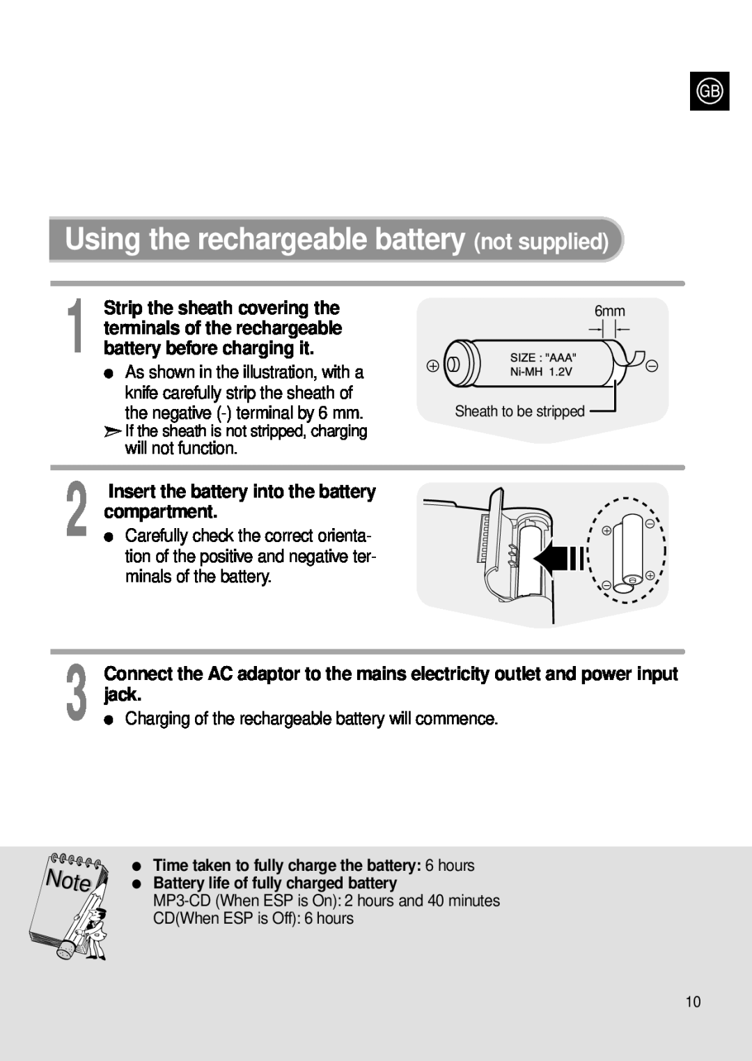 Samsung MCD-MP67 Using the rechargeable battery not supplied, Insert the battery into the battery, compartment 