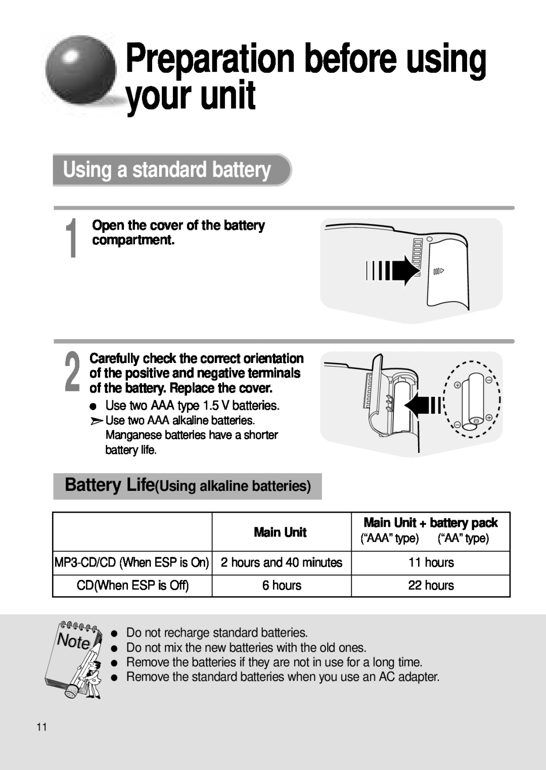 Samsung MCD-MP67 Using a standard battery, Preparation before using your unit, Battery LifeUsing alkaline batteries 