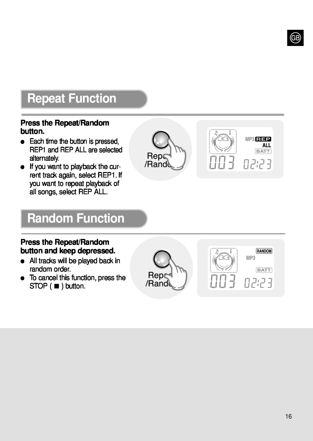 Samsung MCD-MP67 instruction manual Repeat Function, Random Function, Press the Repeat/Random button 