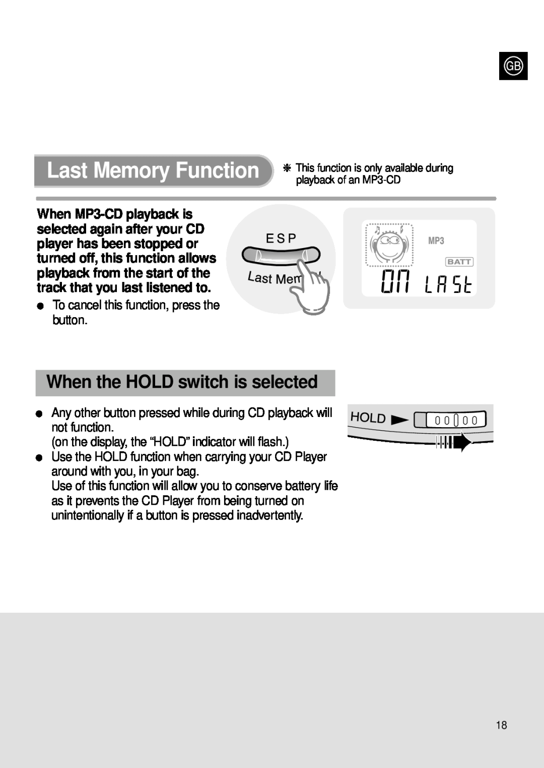 Samsung MCD-MP67 instruction manual Last Memory Function, When the HOLD switch is selected 