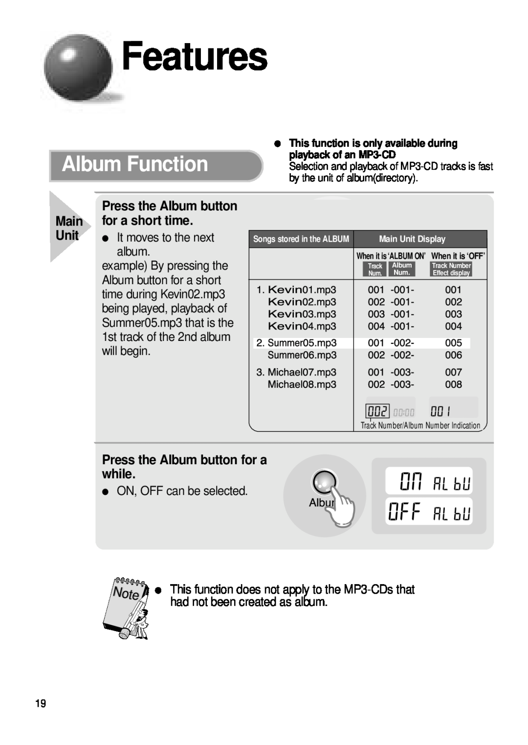 Samsung MCD-MP67 Album Function, Features, Press the Album button for a while, Press the Album button for a short time 