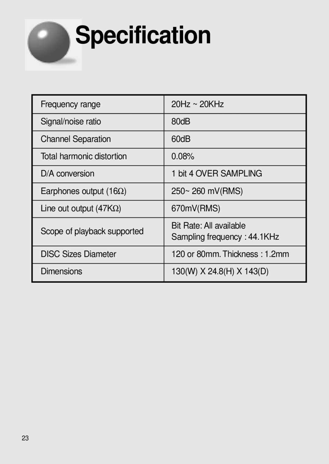 Samsung MCD-MP67 instruction manual Specification 