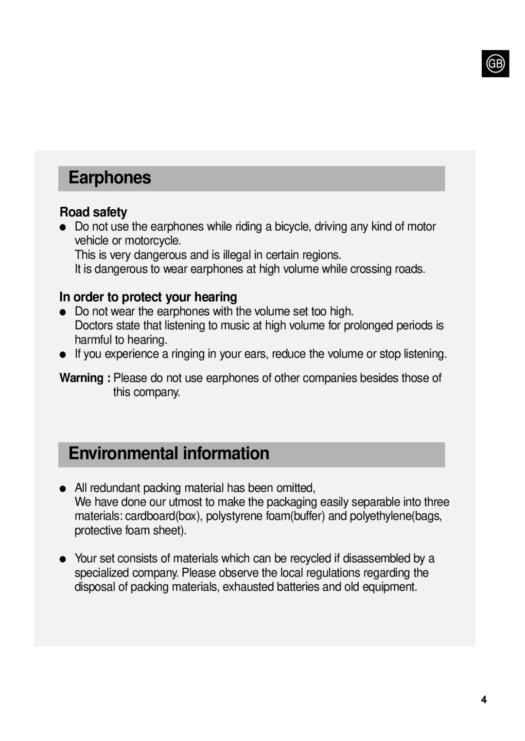 Samsung MCD-MP67 instruction manual Earphones, Environmental information, Road safety, In order to protect your hearing 
