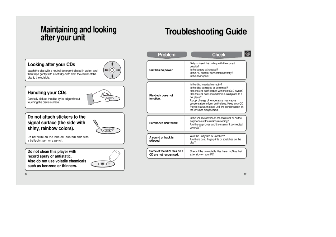 Samsung MCD-SM45 instruction manual Troubleshooting Guide, ProblemCheck, Unit has no power Playback does not function 