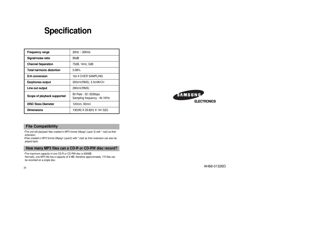 Samsung MCD-SM45 instruction manual Specification 