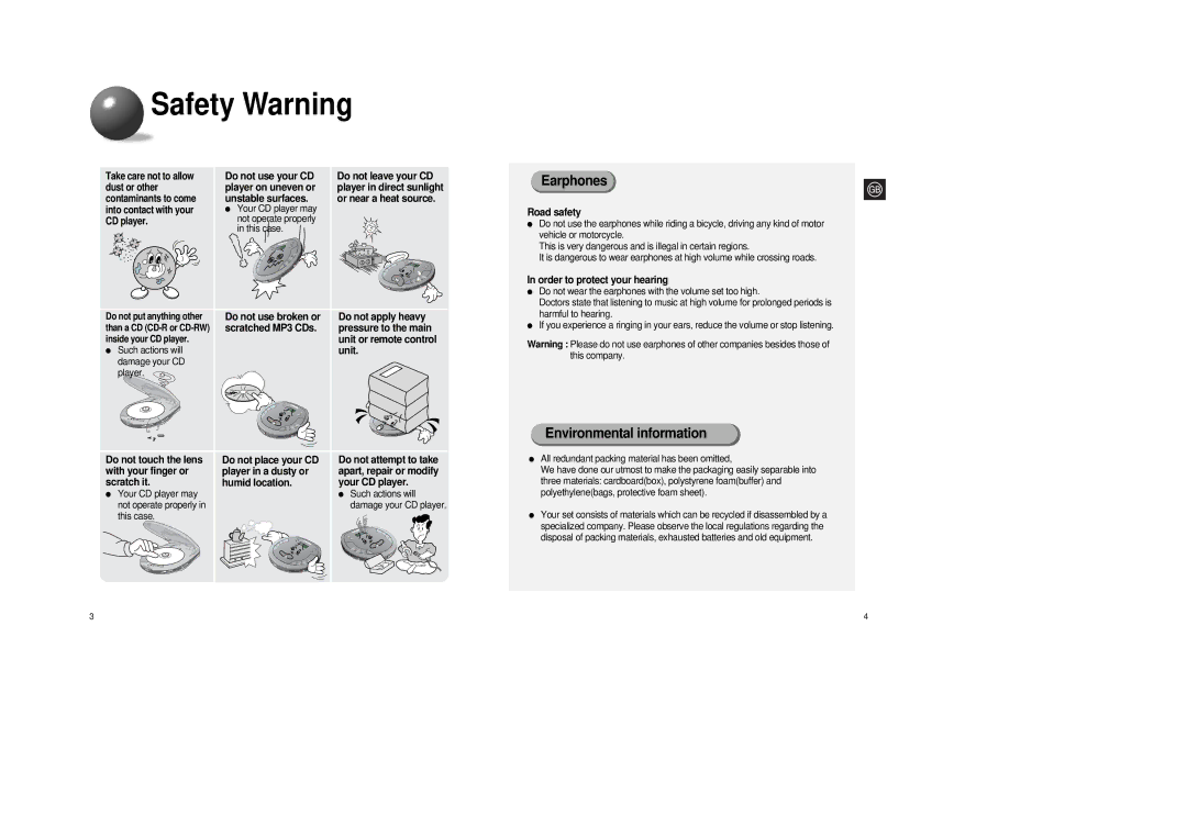 Samsung MCD-SM45 instruction manual Safety Warning, Earphones, Environmental information 