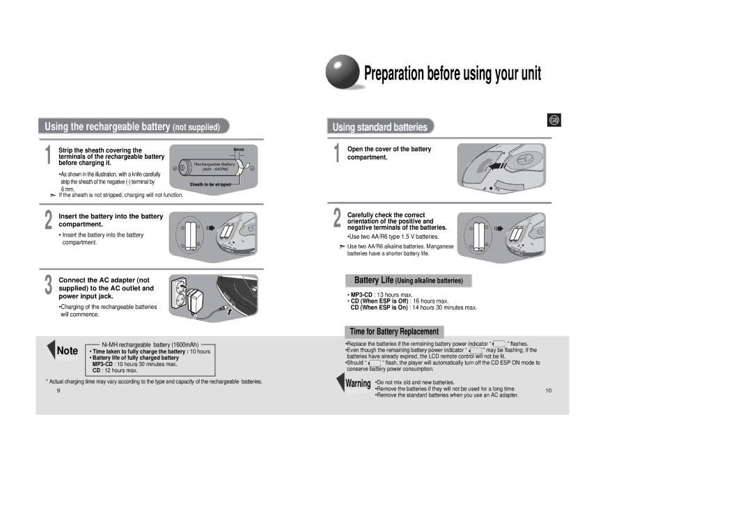 Samsung MCD-SM45 Insert the battery into the battery, Compartment, Connect the AC adapter not, Supplied to the AC outlet 