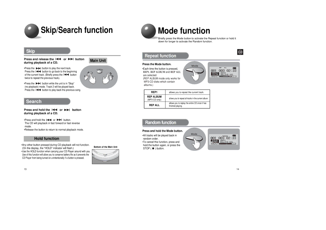 Samsung MCD-SM45 instruction manual Mode function, Skip, Repeat function, Random function, Hold function 