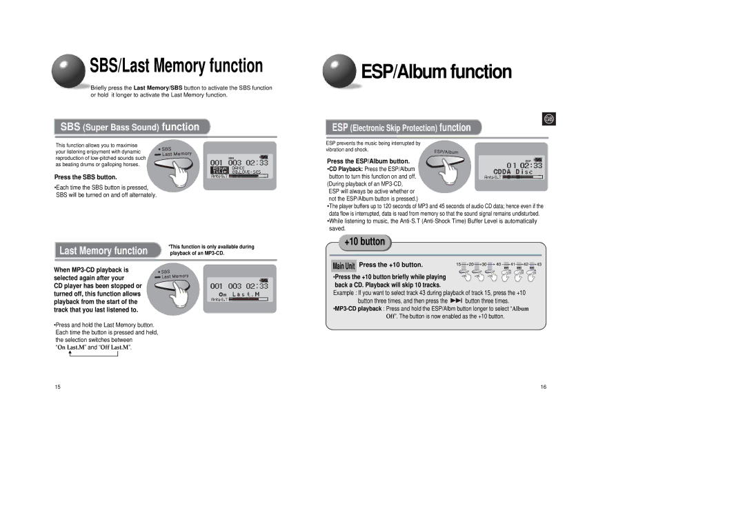 Samsung MCD-SM45 instruction manual ESP/Album function, Press the SBS button, Main Unit Press the +10 button 