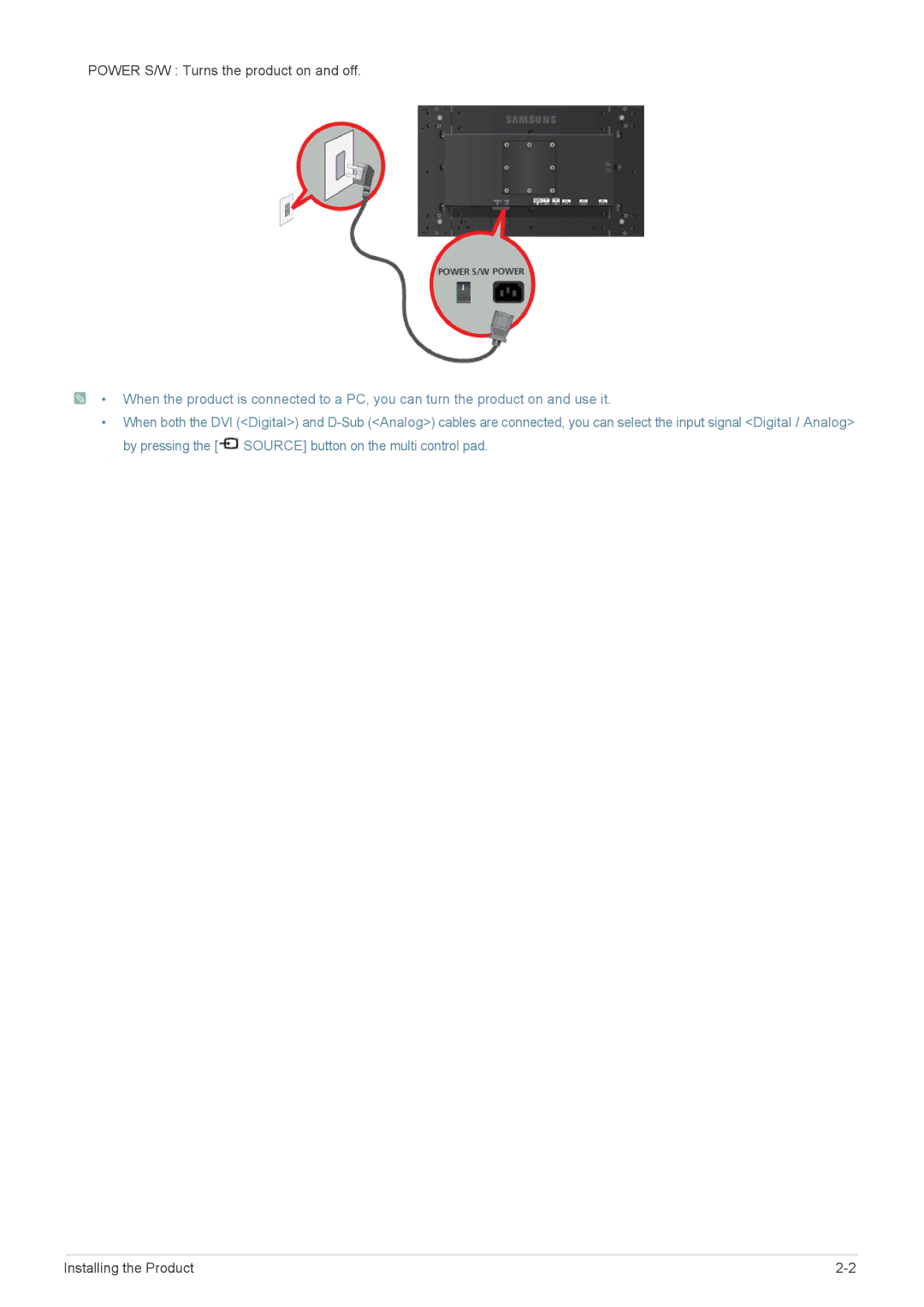 Samsung MD230X3, MD230X6 user manual Power S/W Turns the product on and off 