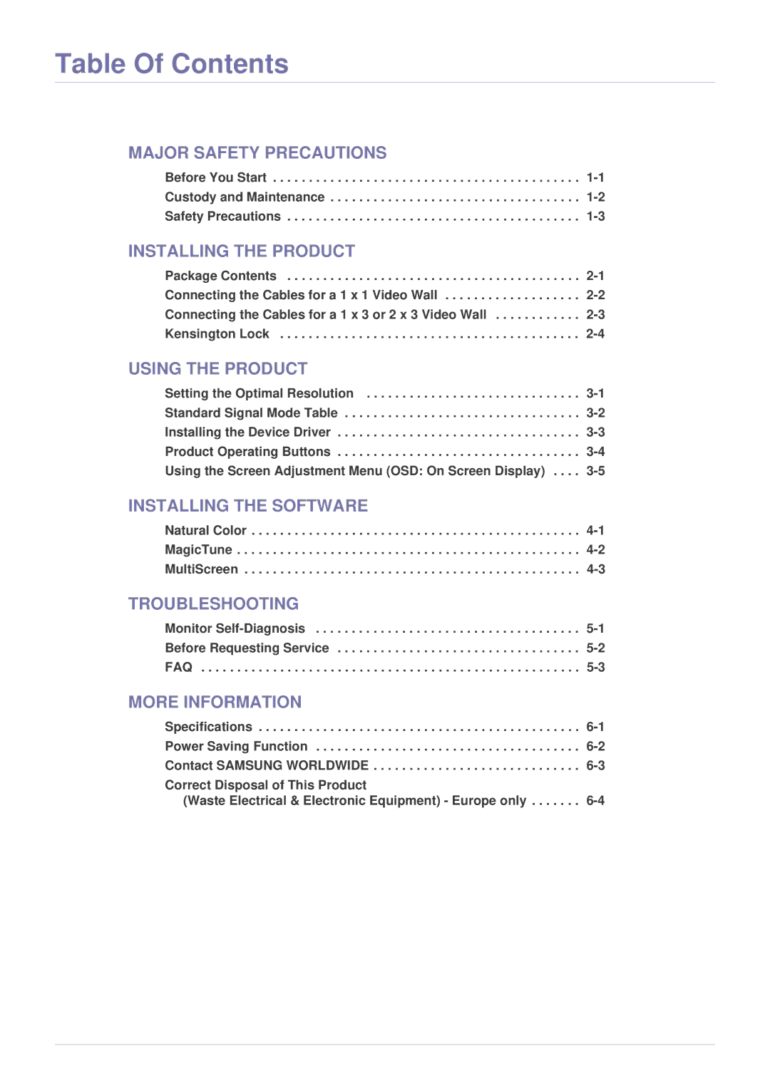 Samsung MD230X6, MD230X3 user manual Table Of Contents 