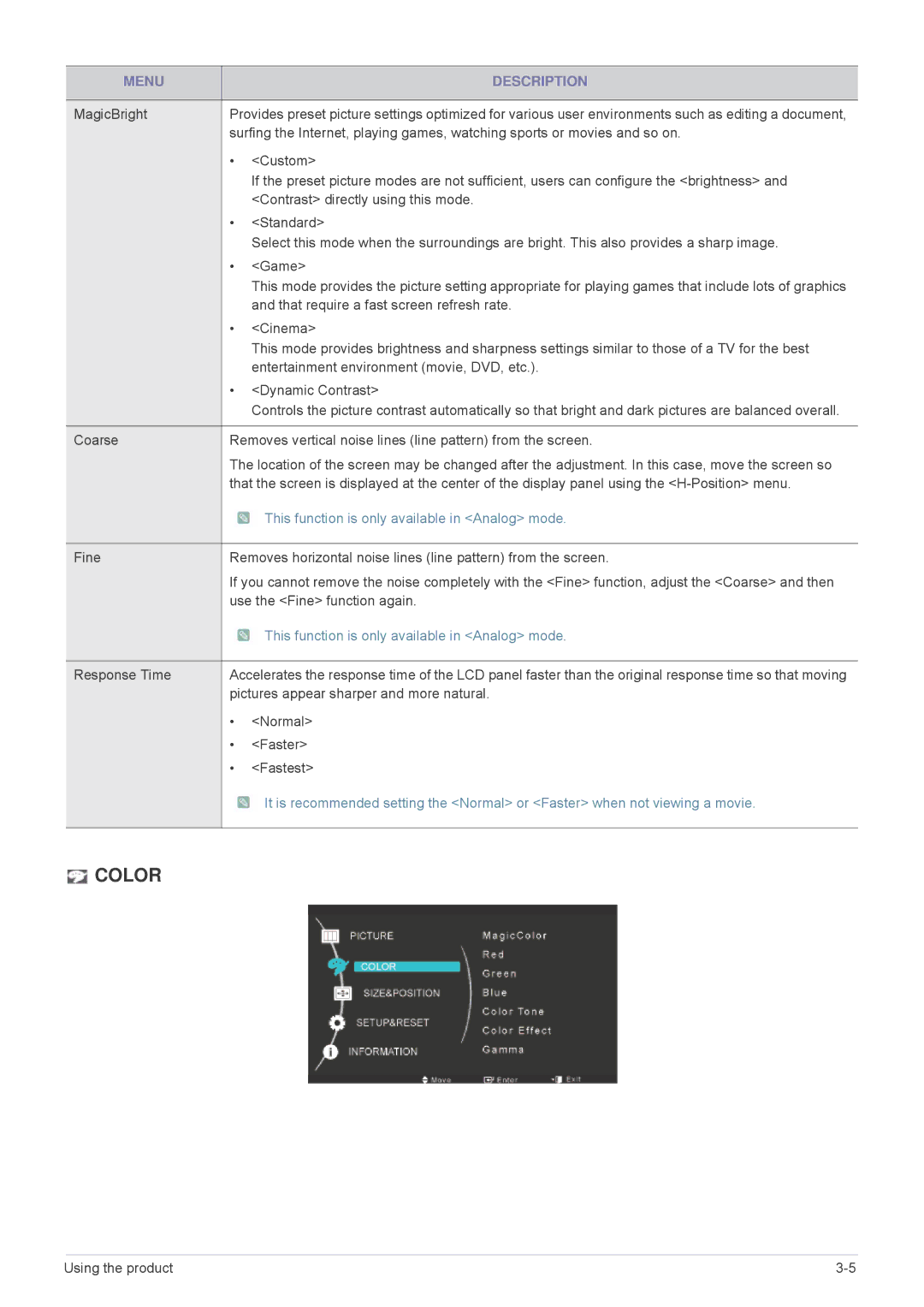 Samsung MD230X3, MD230X6 user manual Color 