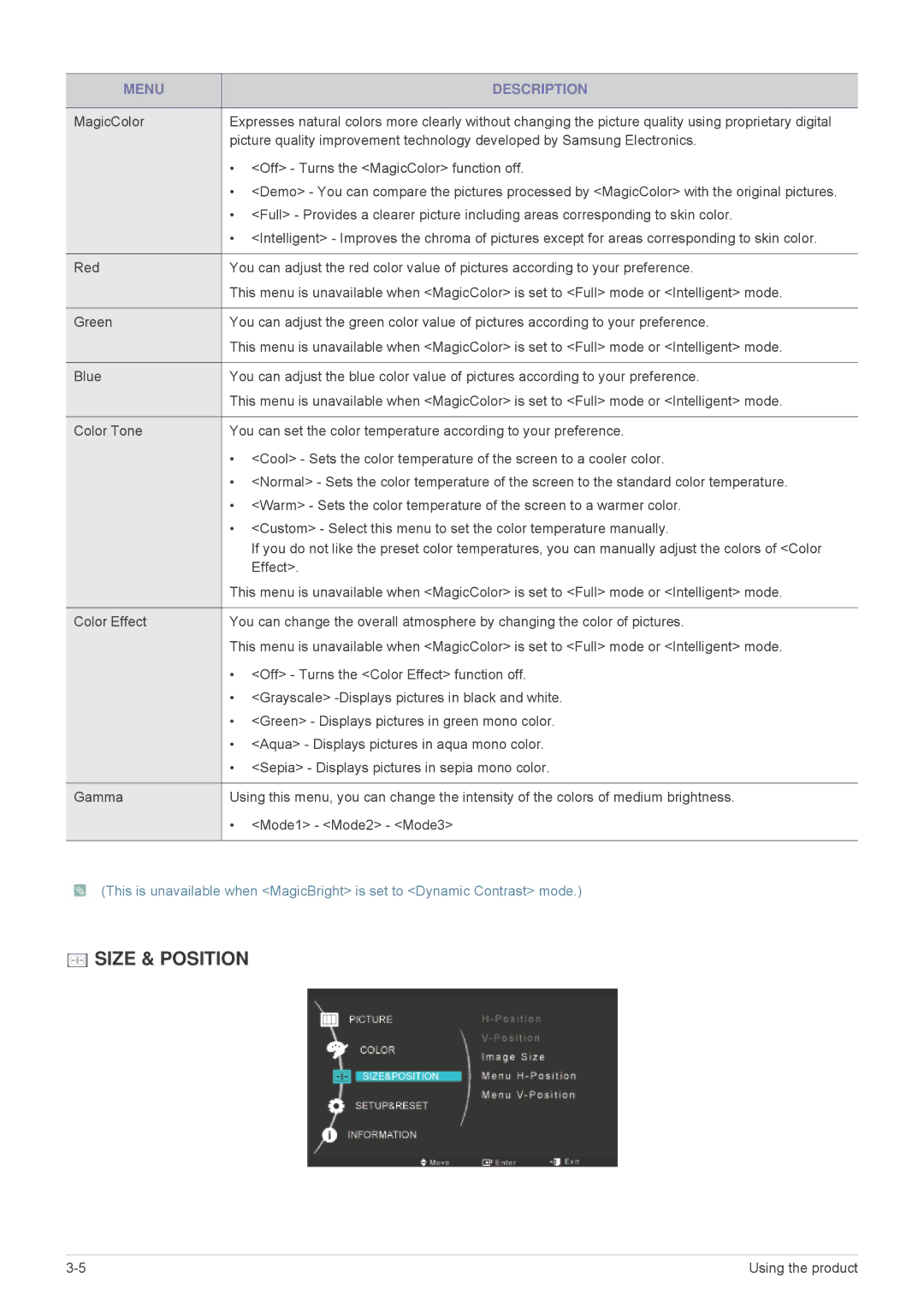 Samsung MD230X6, MD230X3 user manual Size & Position 