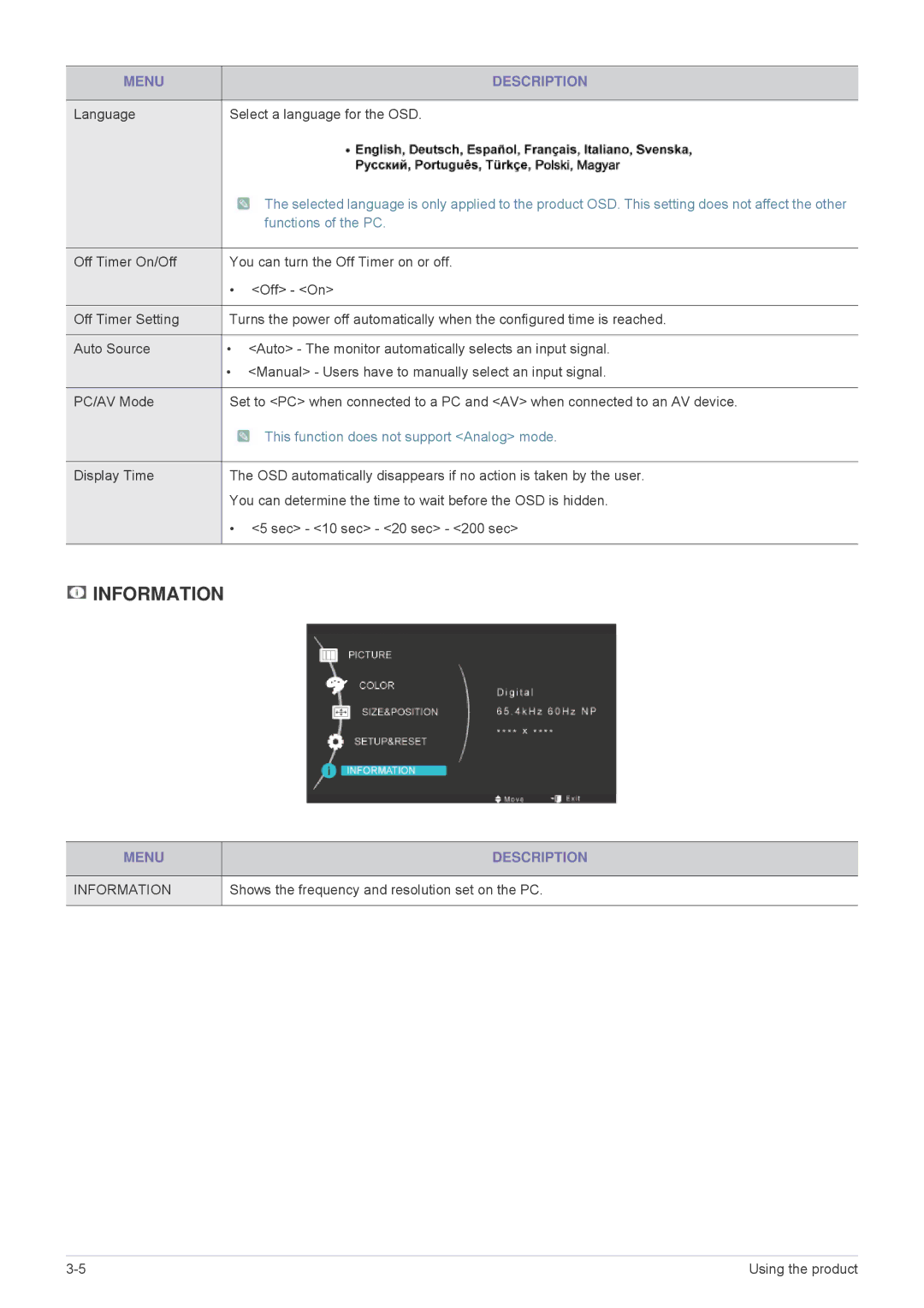 Samsung MD230X3, MD230X6 Language Select a language for the OSD, Shows the frequency and resolution set on the PC 