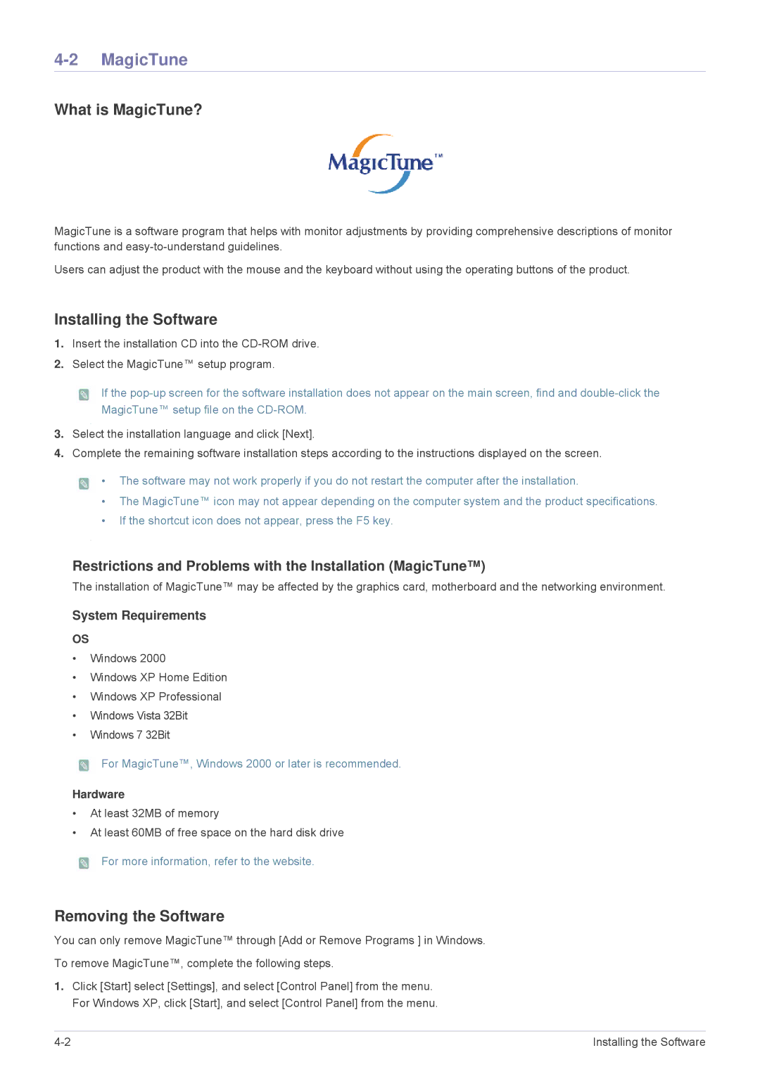 Samsung MD230X6, MD230X3 user manual What is MagicTune?, Installing the Software, Removing the Software 