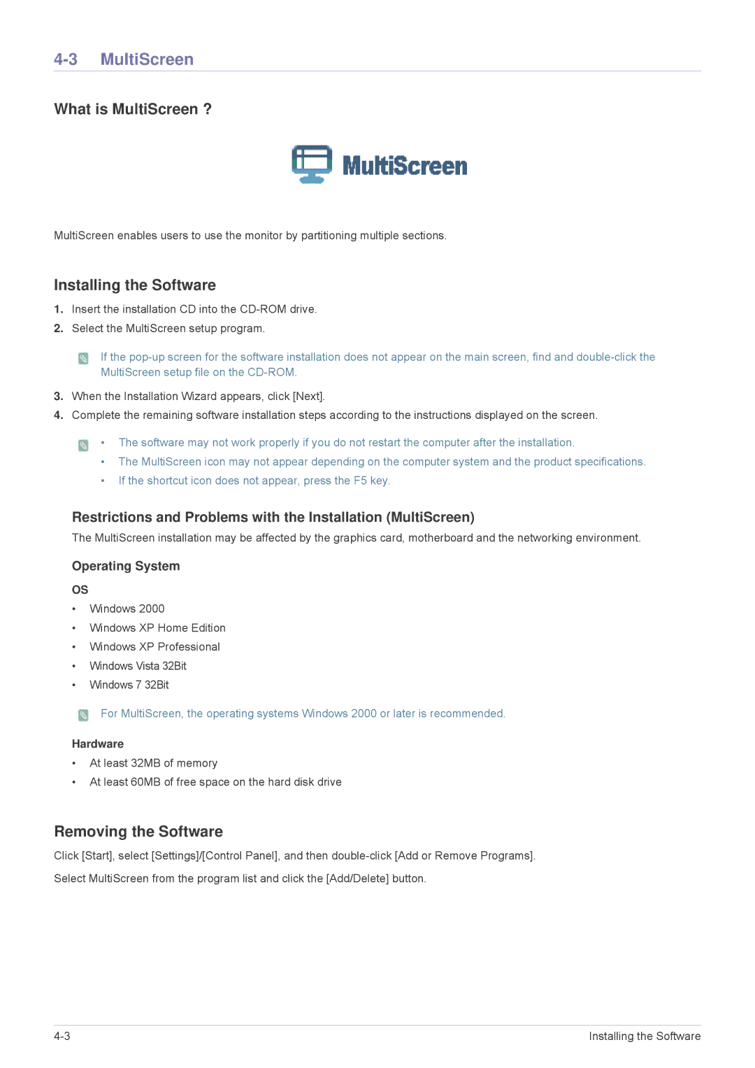 Samsung MD230X6, MD230X3 What is MultiScreen ?, Restrictions and Problems with the Installation MultiScreen 