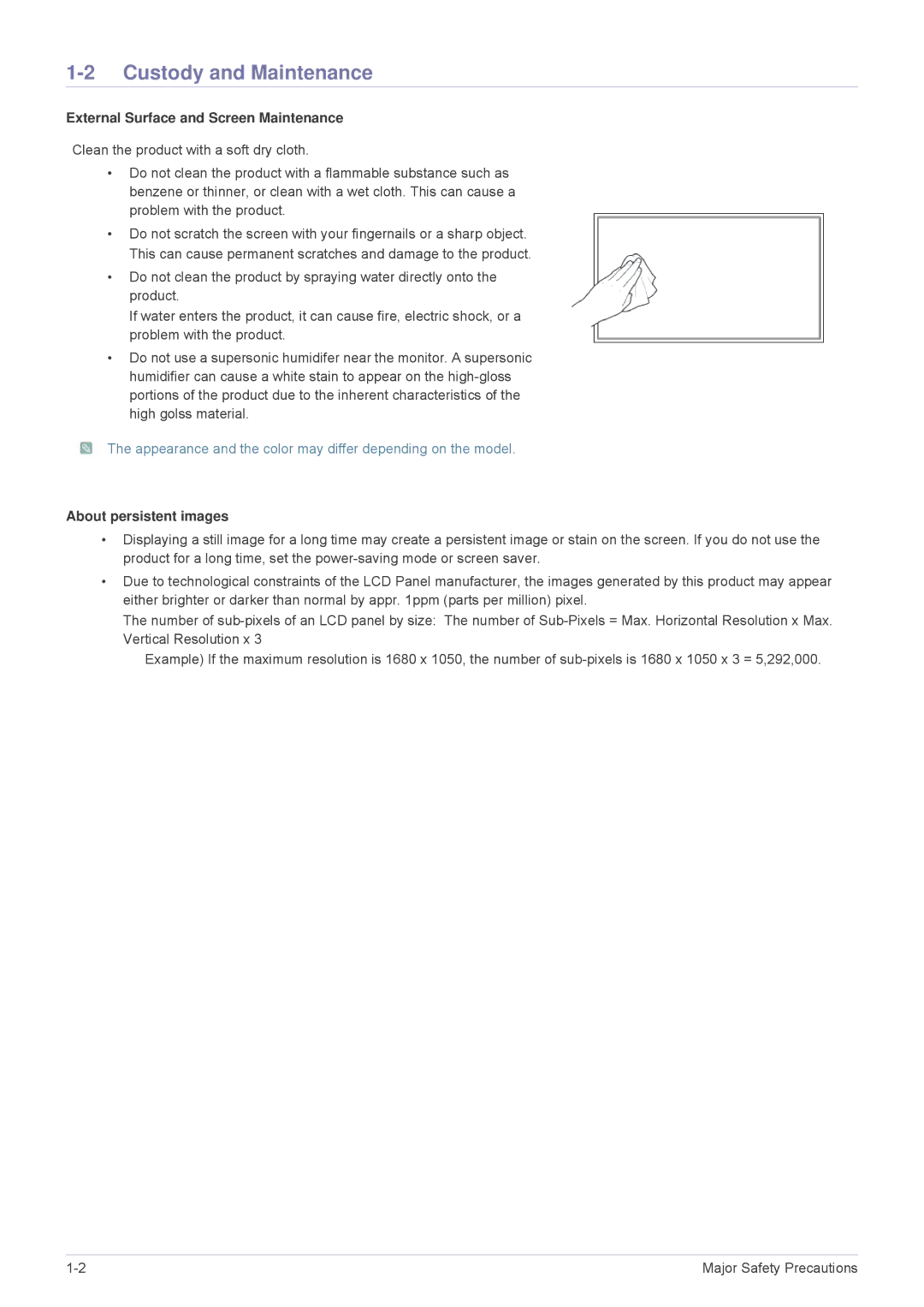 Samsung MD230X3, MD230X6 Custody and Maintenance, External Surface and Screen Maintenance, About persistent images 