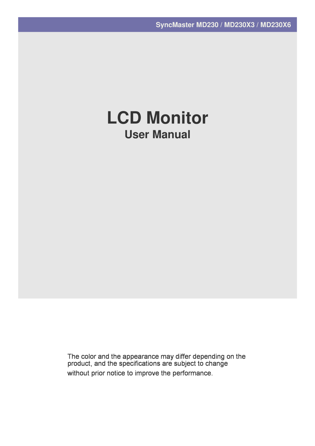 Samsung user manual LCD Monitor, User Manual, SyncMaster MD230 / MD230X3 / MD230X6 