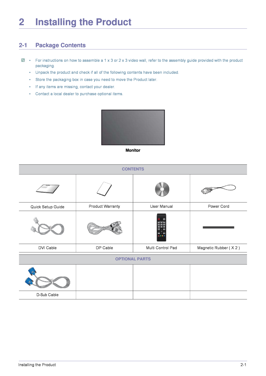 Samsung MD230X6, MD230X3 user manual Installing the Product, Package Contents, Monitor, Optional Parts 