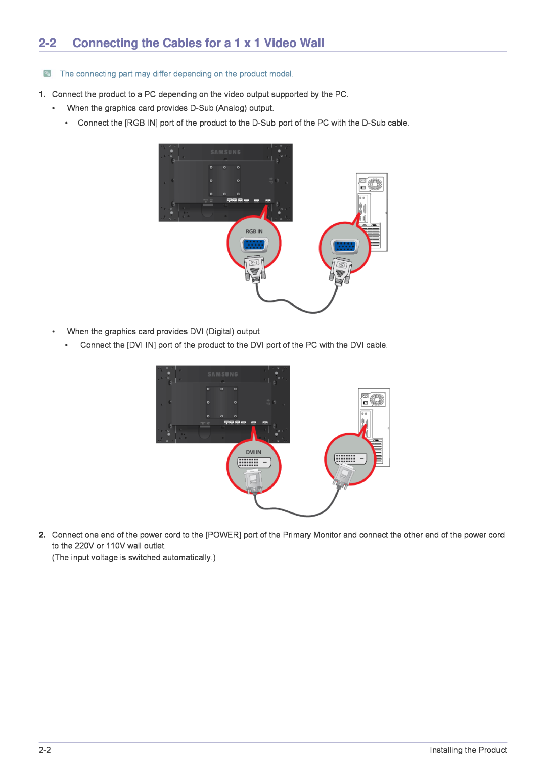 Samsung MD230X6, MD230X3 user manual Connecting the Cables for a 1 x 1 Video Wall 