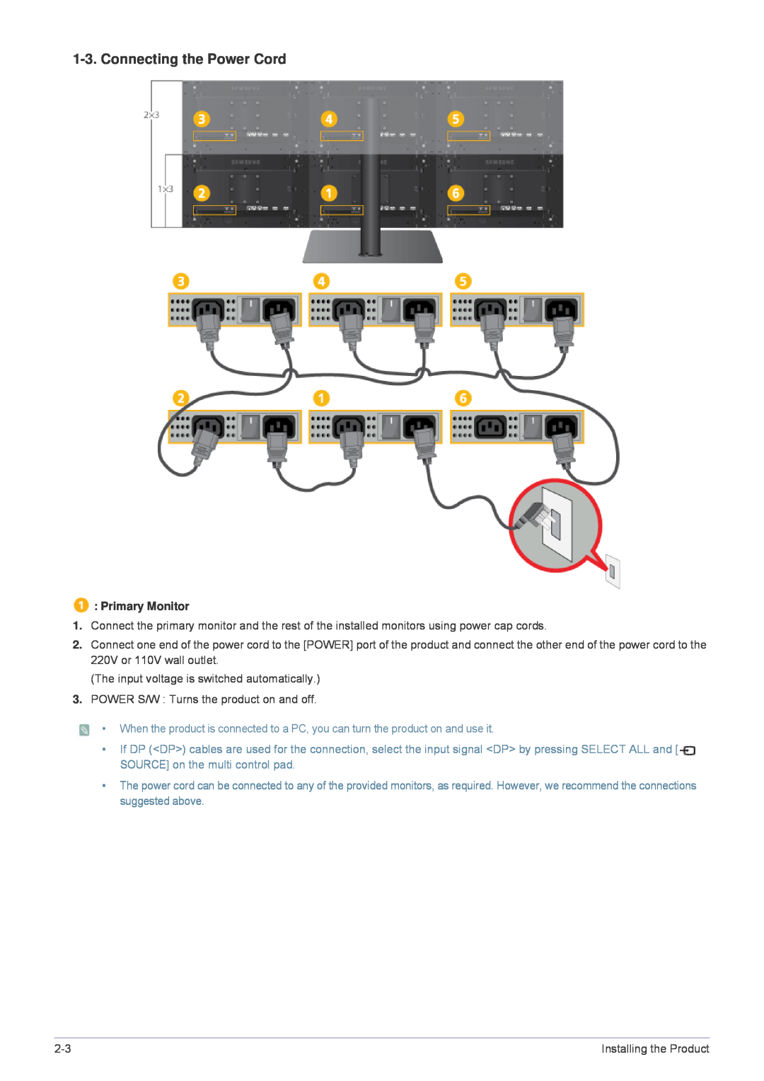 Samsung MD230X3, MD230X6 user manual Connecting the Power Cord, Primary Monitor 
