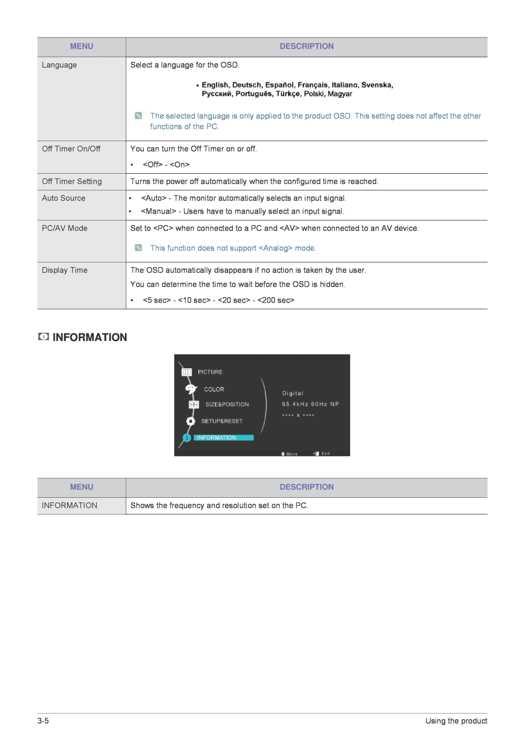 Samsung MD230X3, MD230X6 user manual Information, Menu, Description 