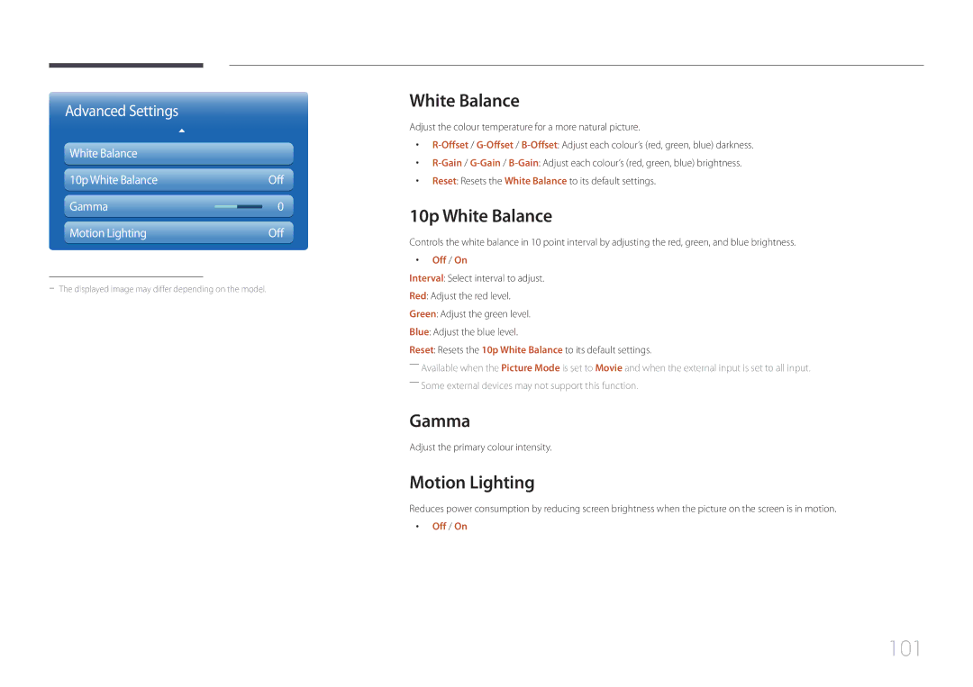 Samsung MD40C, MD32C, MD55C user manual 101, 10p White Balance, Gamma, Motion Lighting 