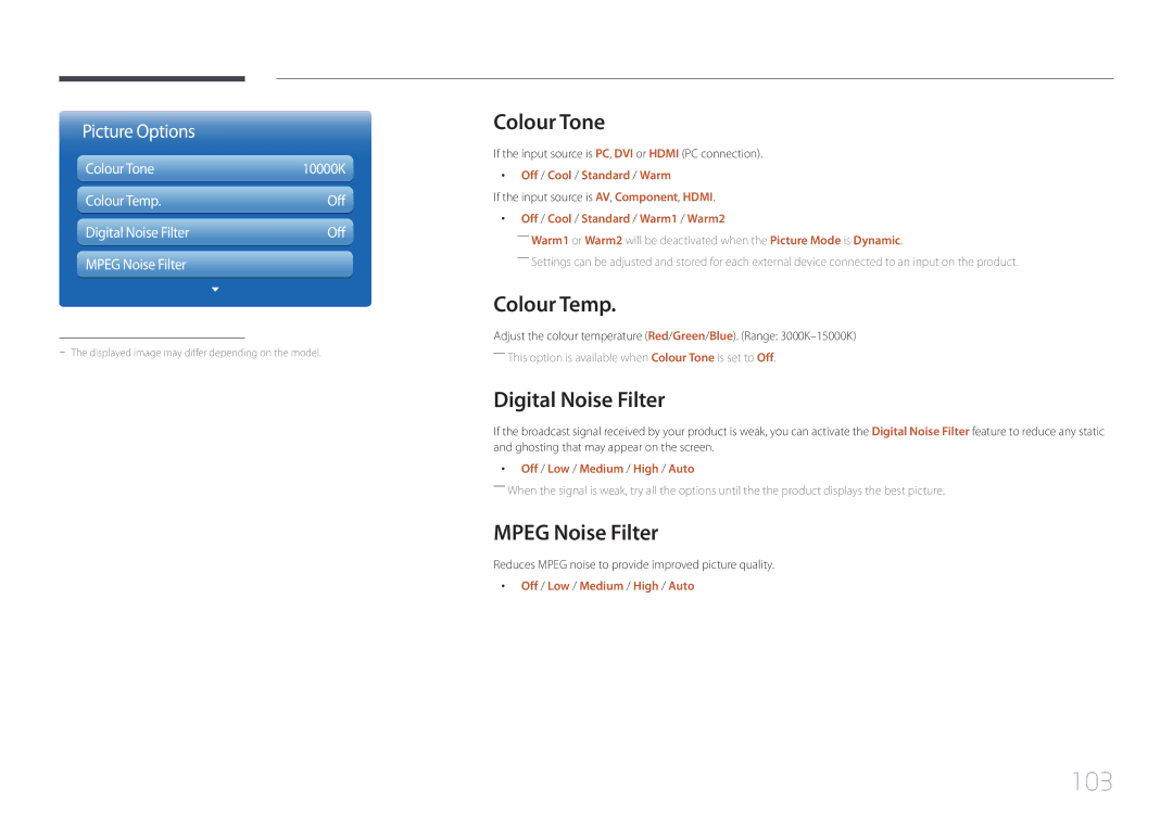 Samsung MD55C, MD32C, MD40C user manual 103, Colour Tone, Colour Temp, Digital Noise Filter, Mpeg Noise Filter 