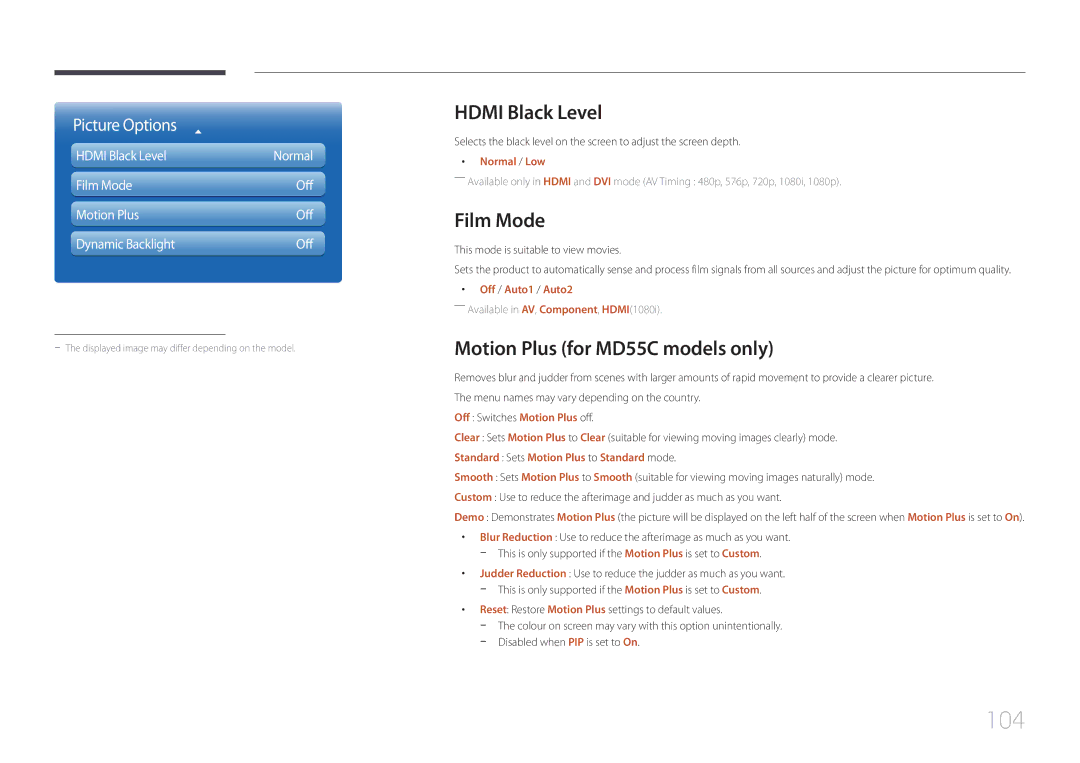 Samsung MD40C, MD32C user manual 104, Hdmi Black Level, Film Mode, Motion Plus for MD55C models only 