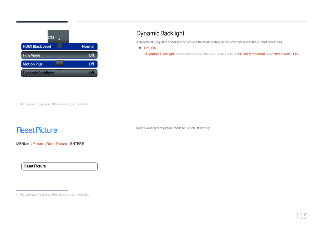 Samsung MD32C, MD55C, MD40C user manual 105, Dynamic Backlight, MENUm → Picture → Reset Picture → Entere 