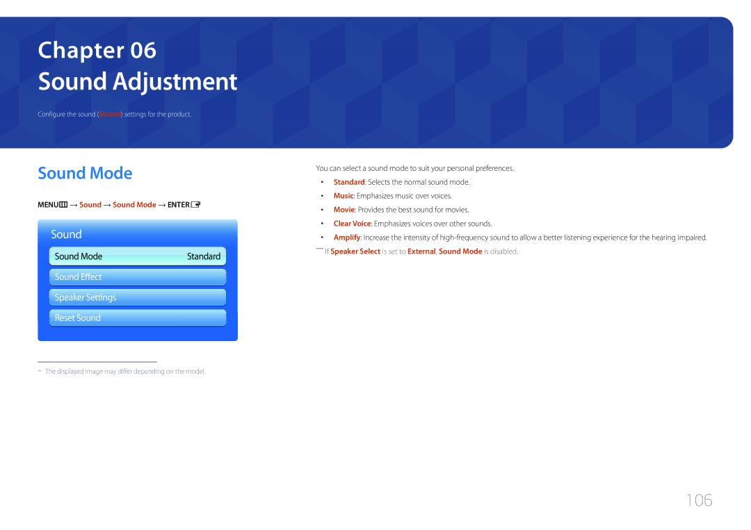 Samsung MD55C, MD32C, MD40C user manual Sound Adjustment, Sound Mode, 106, Sound Effect Speaker Settings Reset Sound 