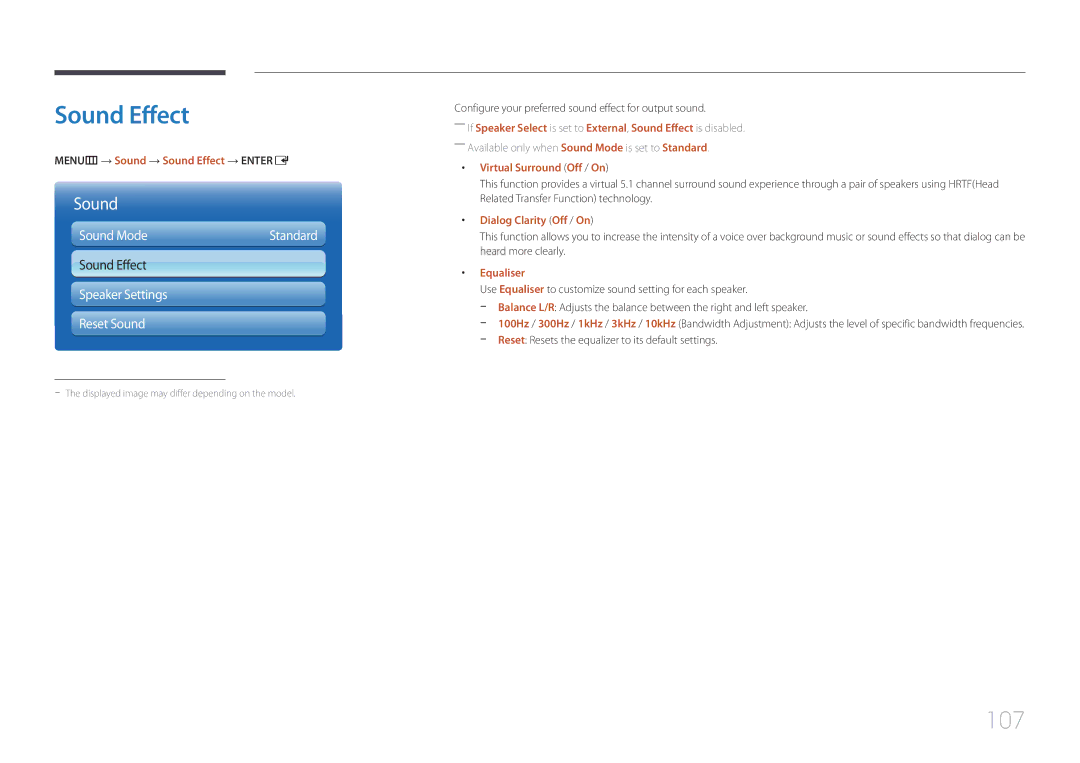 Samsung MD40C, MD32C, MD55C user manual Sound Effect, 107, Sound Mode, Speaker Settings Reset Sound 