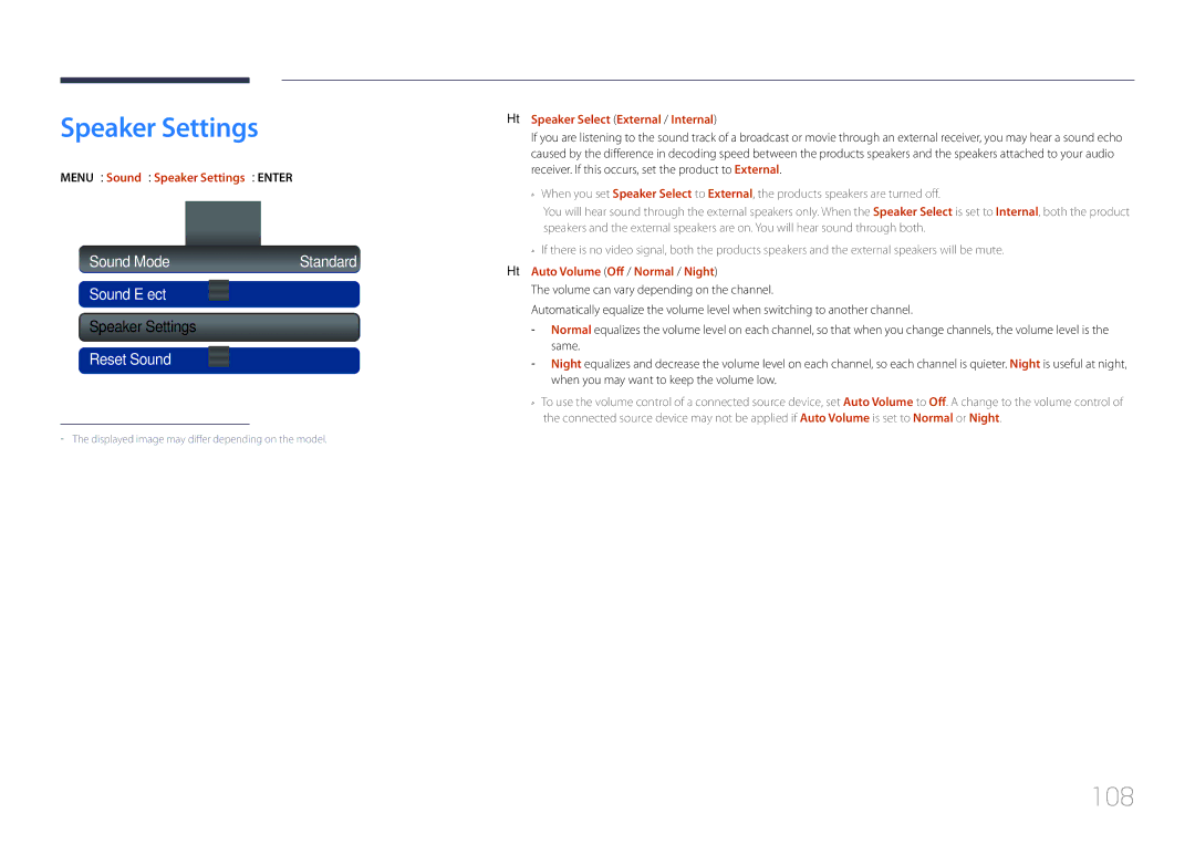 Samsung MD32C, MD55C, MD40C user manual Speaker Settings, 108, Sound Effect 