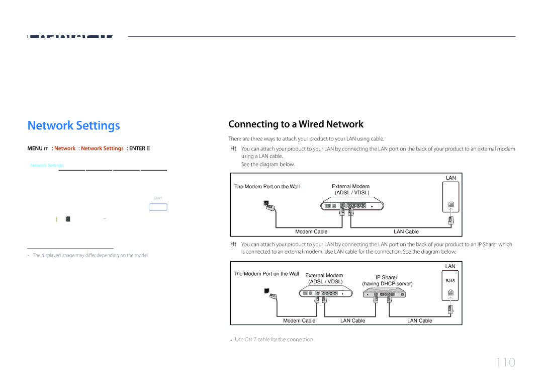 Samsung MD40C, MD32C, MD55C user manual Connecting to a Wired Network, Menu m → Network → Network Settings → Enter E 