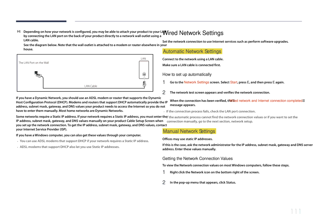 Samsung MD32C, MD55C, MD40C user manual Wired Network Settings, Automatic Network Settings, Manual Network Settings 